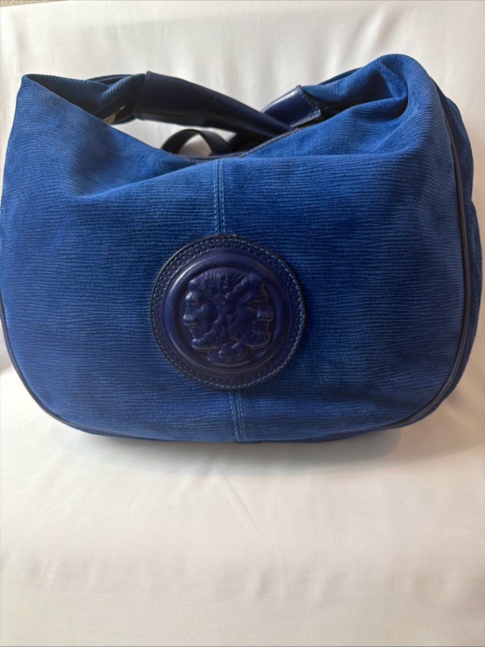 Vintage Fendi Blue Medusa Logo
Shoulder Bag Textured Velvet Italy
Gold Hardware
